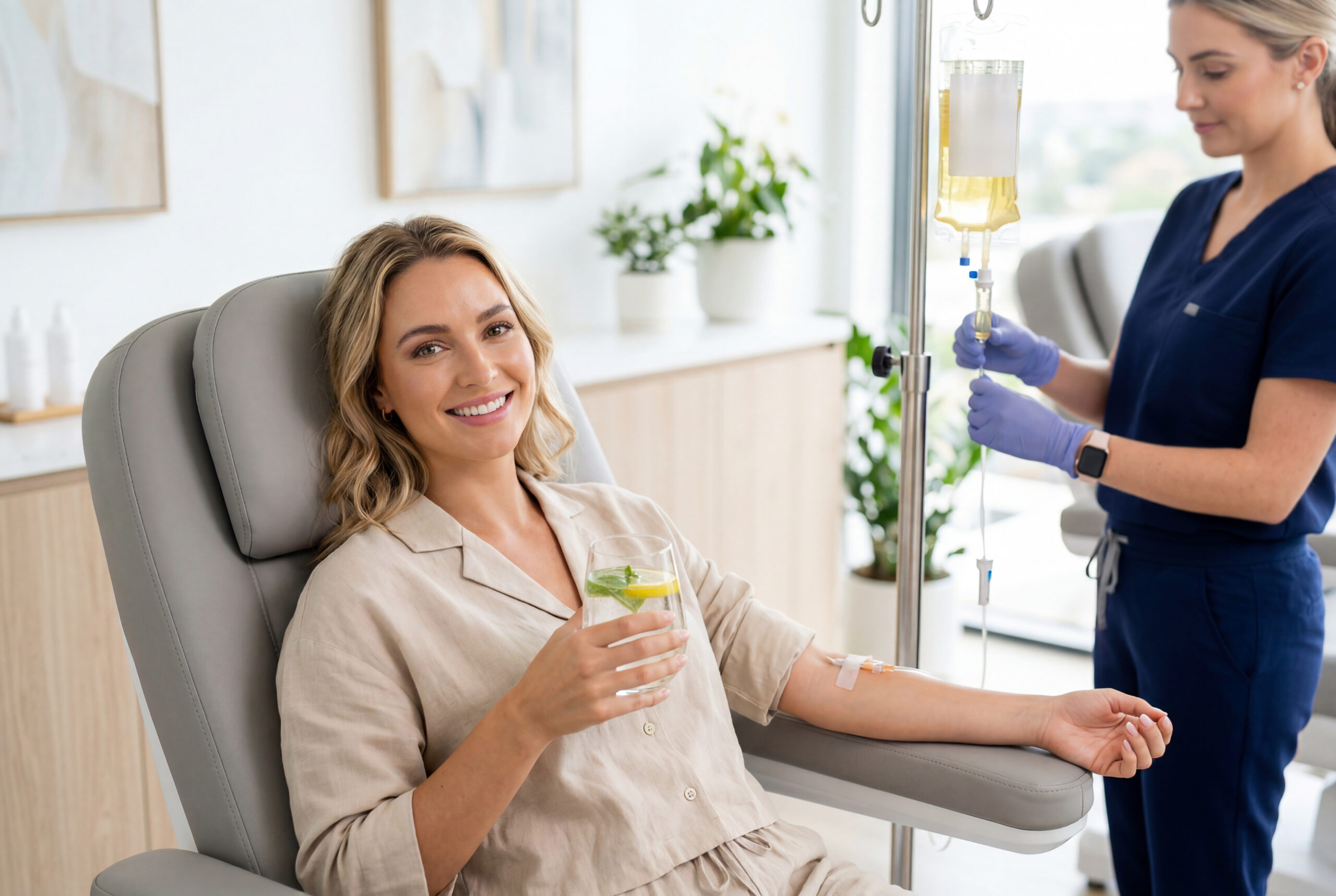 Smiling woman receiving intravenous vitamin drip treatment from nurse